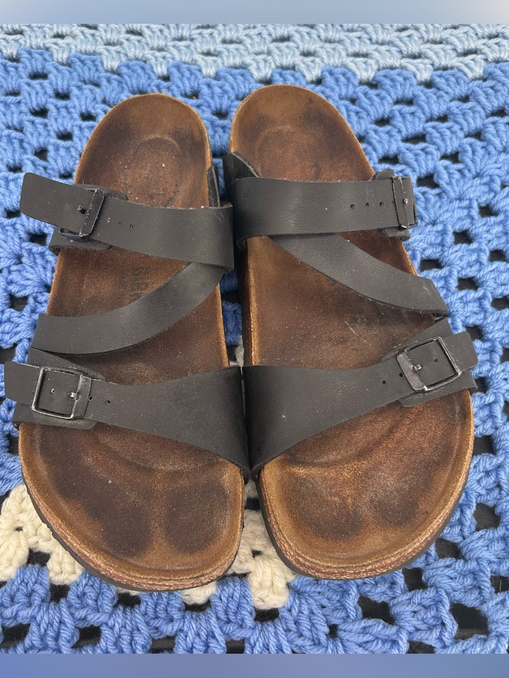 Birkenstock Salina Black Leather Sandals Three Strap Slide Cork Footbed size 37